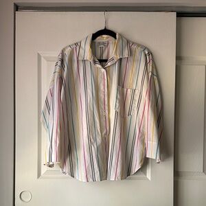 Women’s Large White Multi-Color Stripe Button-Up Shirt